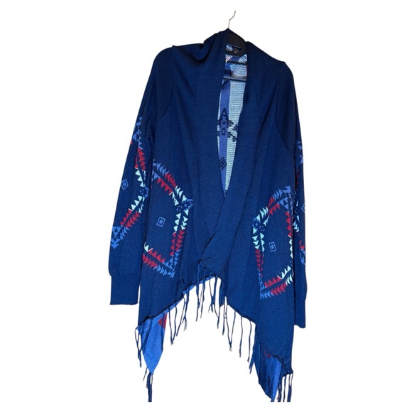 Poof! Sweaters - Navy Blue Tribal / Aztec Print Open Draped Cardigan Sweater Fringe Hem Large
